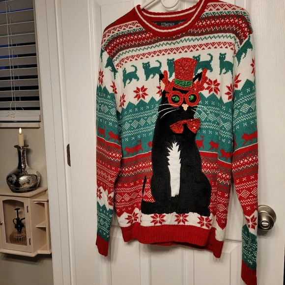 Cat In A Top Hat Soft & Cozy Festive Christmas Sweater 33 Degrees Unisex Large - Picture 3 of 16